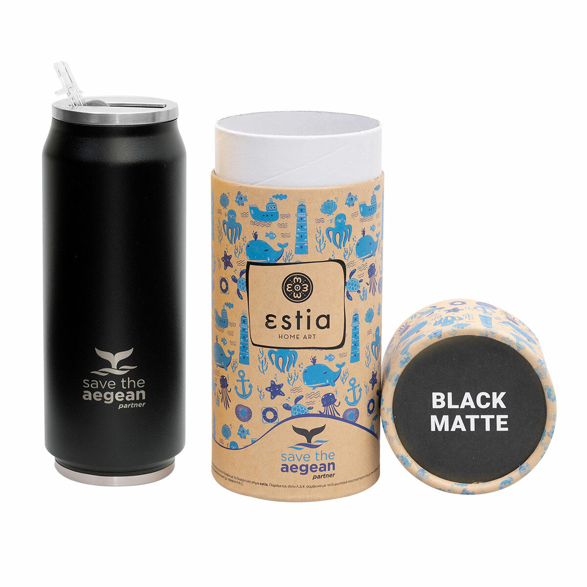 Estia Travel Cup Save The Aegean Ποτήρι Θερμός με Καλαμάκι Black Matte 500ml 01-7843