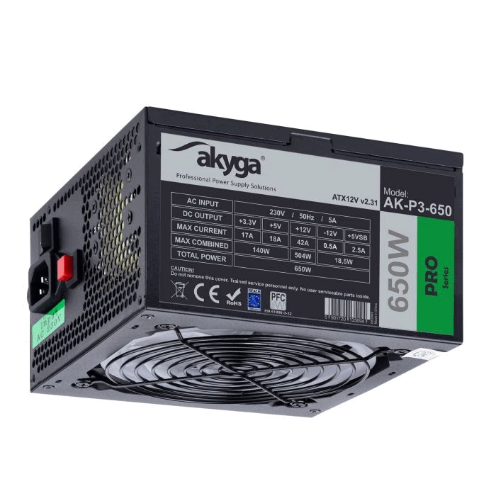 Τροφοδοτικό ATX Akyga AK-P3-650 P4+4 PCI-E 6 pin 6+2 pin 5x SATA Molex PPFC RGB FAN 12cm