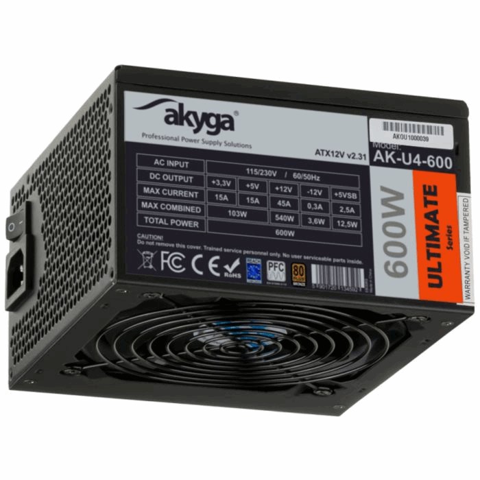 Τροφοδοτικό ATX Akyga AK-U4-600 600W P4+4 PCI-E 6 pin 6+2 pin 6x SATA APFC 80+ bronze FAN 12cm