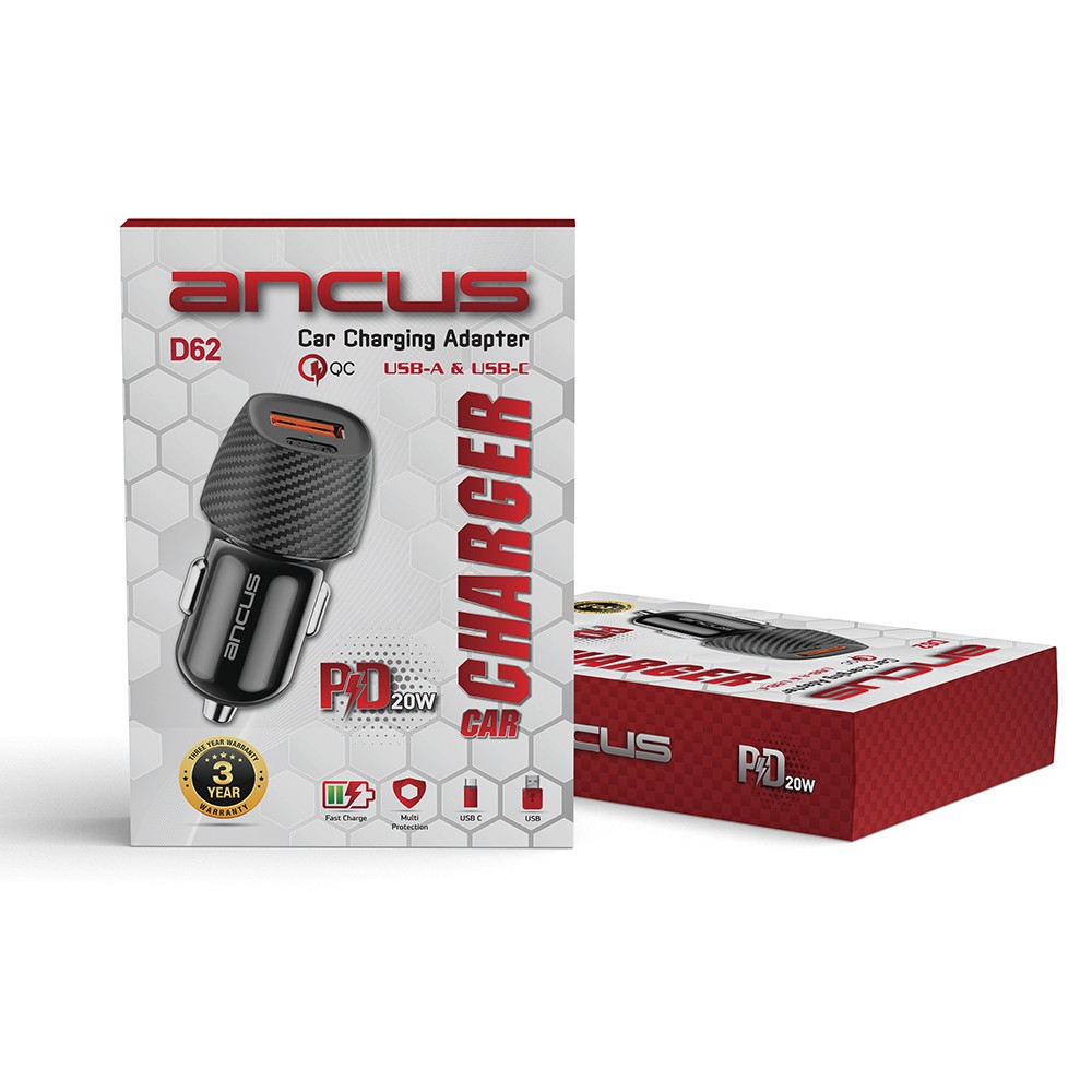 Φορτιστής Αυτοκινήτου Ancus Pulse D62 Dual USB-C PD 20W και USB QC 3.0A 18W Μαύρο