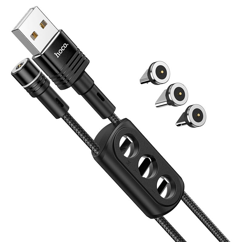 Καλώδιο σύνδεσης U98 Sunway 3 σε 1 Magnetic USB σε Micro-USB, Lightning, USB-C Braided 2.4A Μαύρο 1,2 m