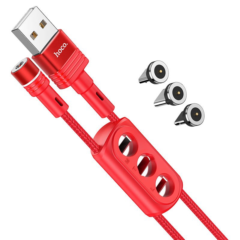 Καλώδιο σύνδεσης U98 Sunway 3 σε 1 Magnetic USB σε Micro-USB, Lightning, USB-C Braided 2.4A Κόκκινο 1,2 m
