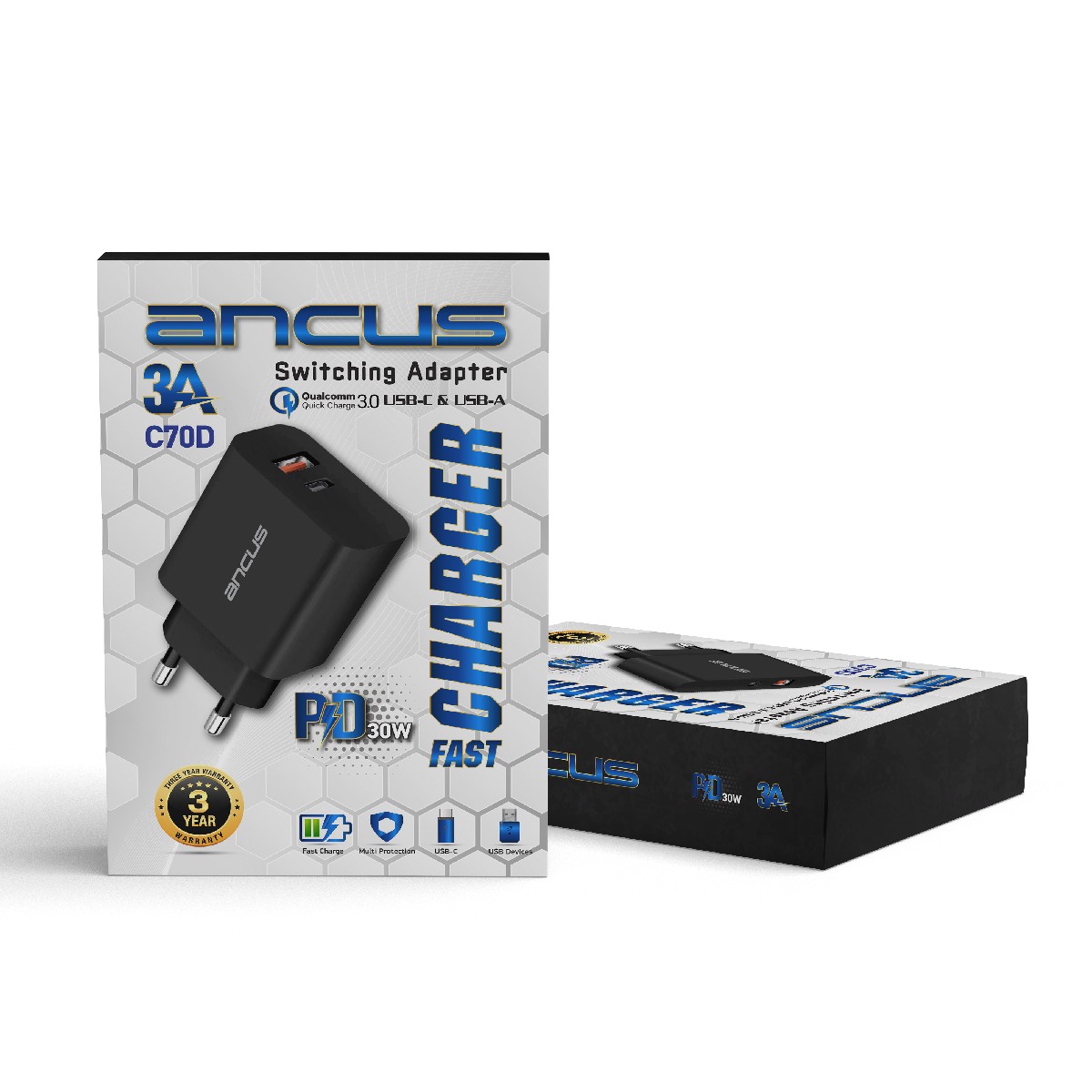 Φορτιστής Ταξιδίου Switching Ancus Supreme Series C70D Dual Fast Charge με USB/USB-C Έξοδο QC3.0 PD 30W Μαύρο