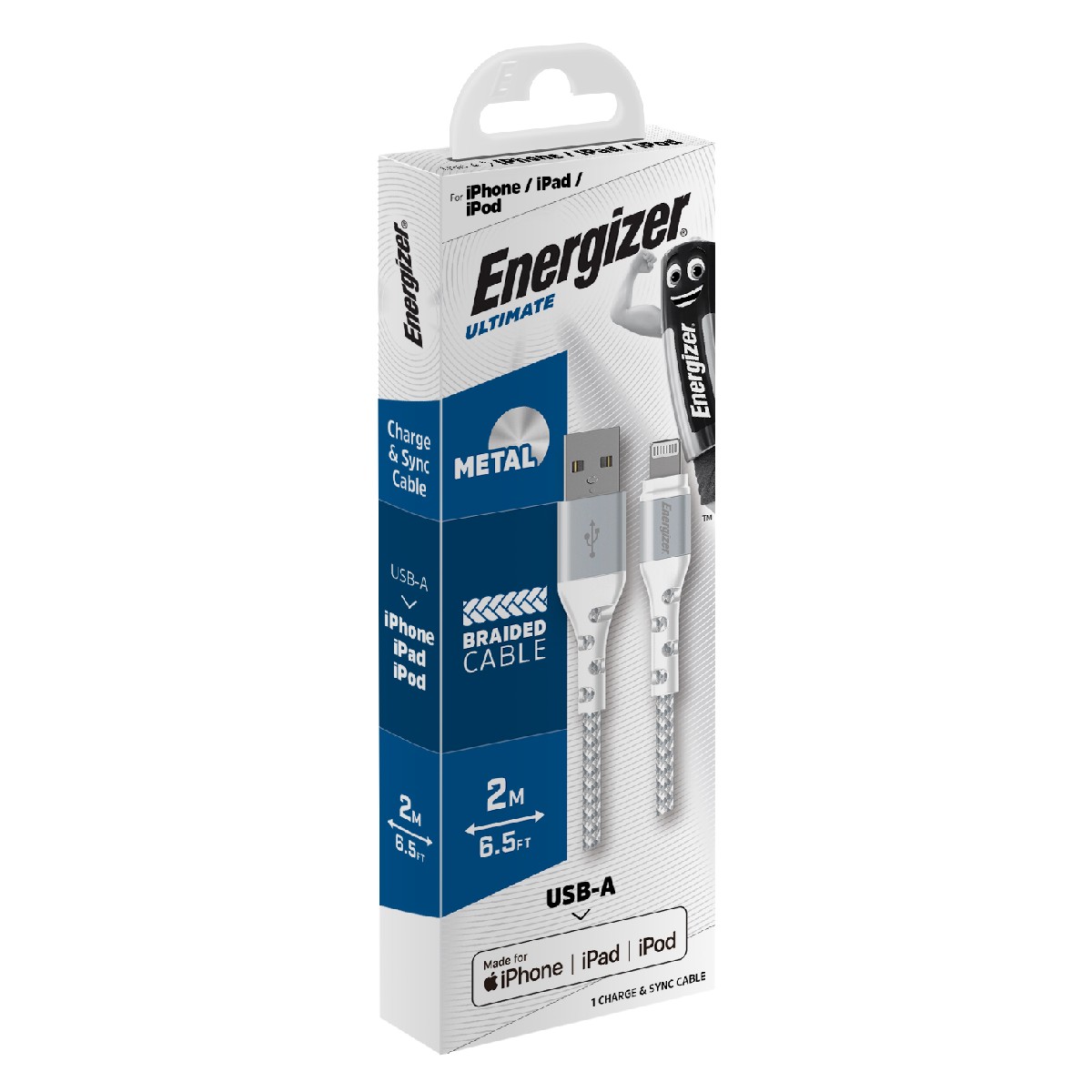Καλώδιο σύνδεσης Energizer Metal / Braided Nylon σε Lightning Apple Certified MFI 2m Λευκό