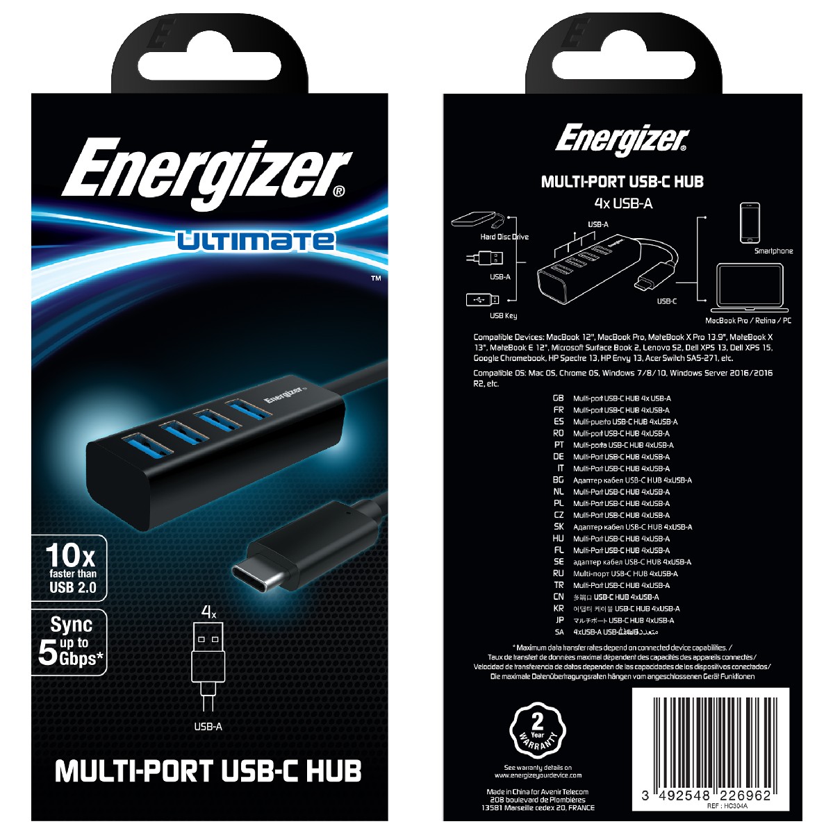 Hub Energizer USB 3.0 HC304A  USB-C σε 4 Θέσεις USB-A  Μαύρο