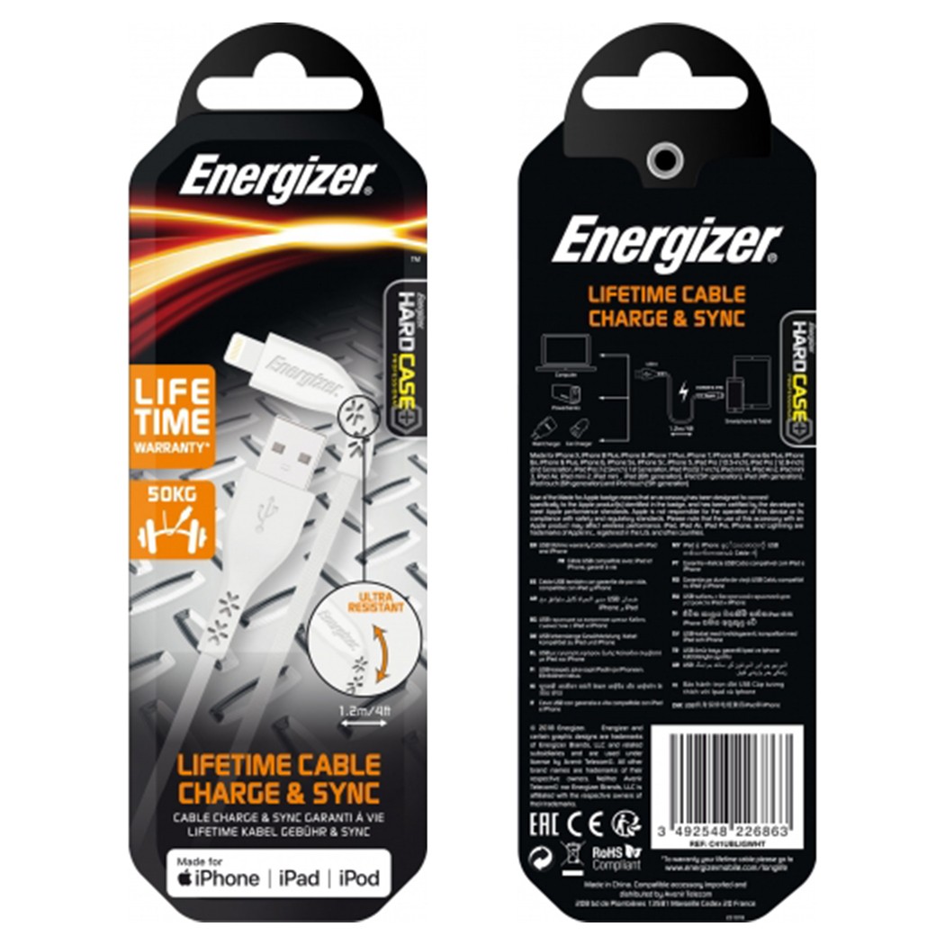 Καλώδιο σύνδεσης Energizer Lifetime Warranty σε Lightning Apple Certified MFI 1.2m Λευκό