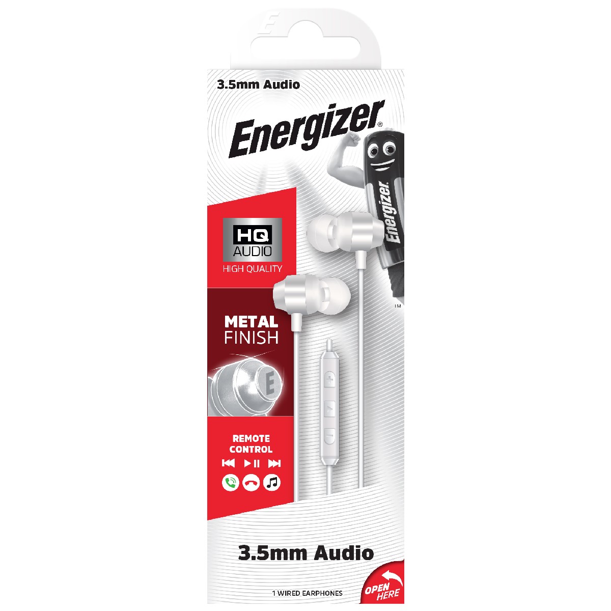Hands Free Energizer CIA10 Metal Stereo 3.5mm Λευκό με Μικρόφωνο και Πλήκτρο Πολλαπλών Λειτουργιών 1,2μ