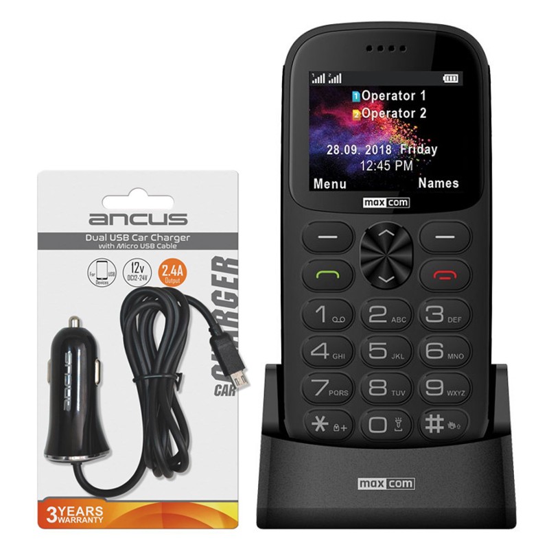 Maxcom MM471 Dual SIM 2.2" με Βάση Φόρτισης, Bluetooth, Κουμπί SOS + Φορτιστής Αυτοκινήτου Ancus Micro USB