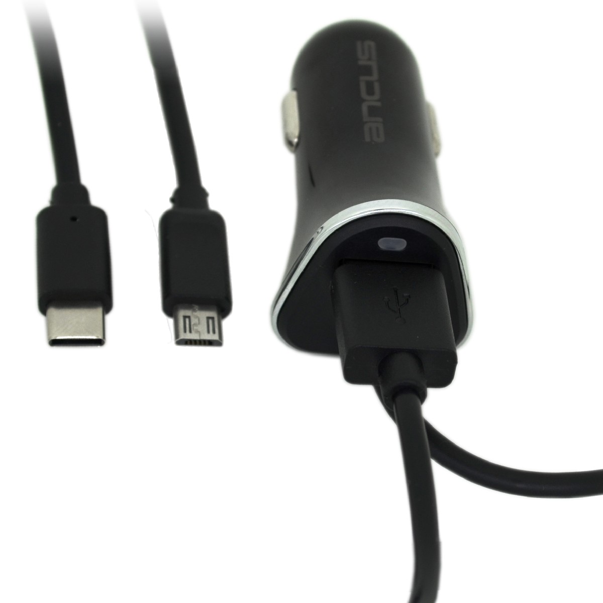 Φορτιστής Αυτοκινήτου Ancus USB 2400 mAh 5V 12W με Καλώδιο Micro USB και Έξτρα Έξοδο USB 12/24V + Καλώδιο σύνδεσης Jasper USB-C 2,1Α 1m