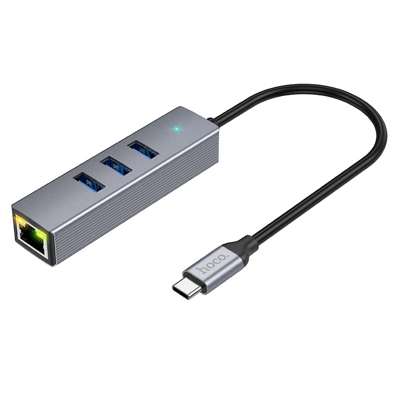 Αντάπτορας Hoco HB34 3 x USB-C σε USB 3.0 και RJ45  με Λειτουργία Μεταφοράς Δεδομένων 1000Mbps Γκρι