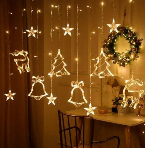 Χριστουγεννιάτικη κουρτίνα LED με διάφανες φιγούρες, αστέρια και φωτάκια USB