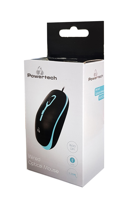 POWERTECH Ενσύρματο ποντίκι, Οπτικό, 1600DPI, USB, 1.35m, Μαύρο-Μπλε