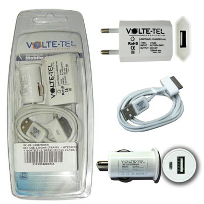 SET USB(TRAVEL+ΑΥΤ/ΟΥ+ΦΟΡΤΙΣΤΗΣ-DATA)IPHONE 3GS/4G 1200mA WHITE