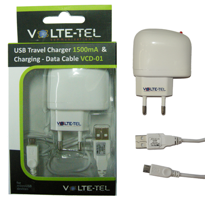 VOLTE-TEL MICRO USB(USB ΦΟΡΤΙΣΤΗΣ-DATA VCD01+TRAVEL VTU045 1500mA)WHITE