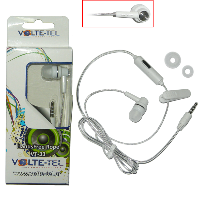 HANDS FREE UNIVERSAL 3.5mm ROPE WHITE VOLTE-TEL VT33 ON/OFF