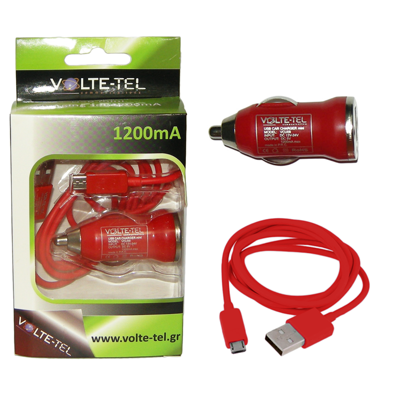 VOLTE-TEL MICRO USB(ΦΟΡΤΙΣΗΣ-DATA VCD01+ΦΟΡΤΙΣΤΗΣ ΑΥΤΟΚΙΝΗΤΟΥ VCU09 1200mA) RED