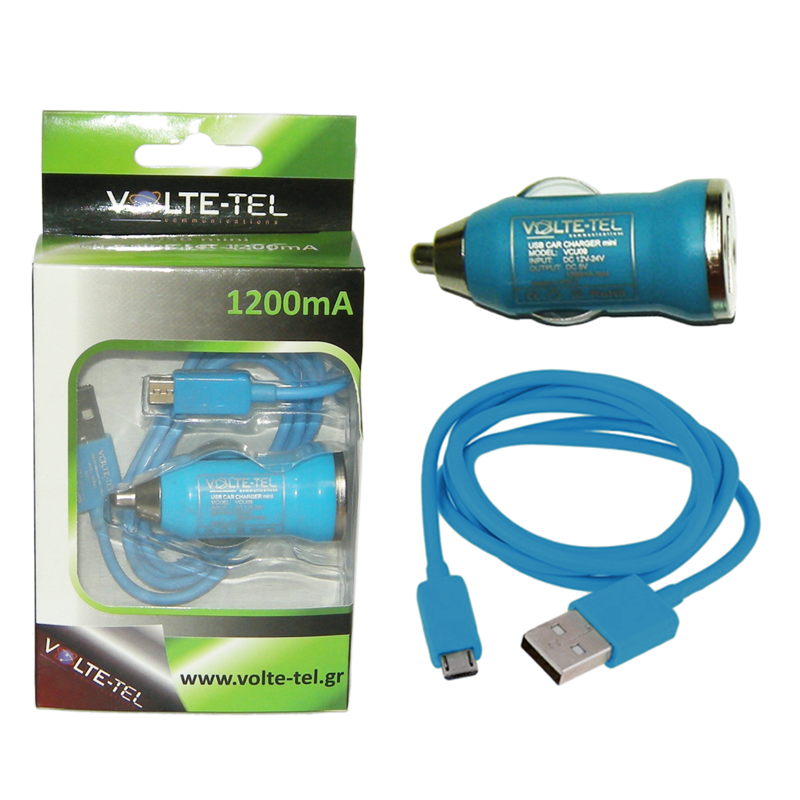 VOLTE-TEL MICRO USB(ΦΟΡΤΙΣΗΣ-DATA VCD01+ΦΟΡΤΙΣΤΗΣ ΑΥΤΟΚΙΝΗΤΟΥ VCU09 1200mA) BLUE