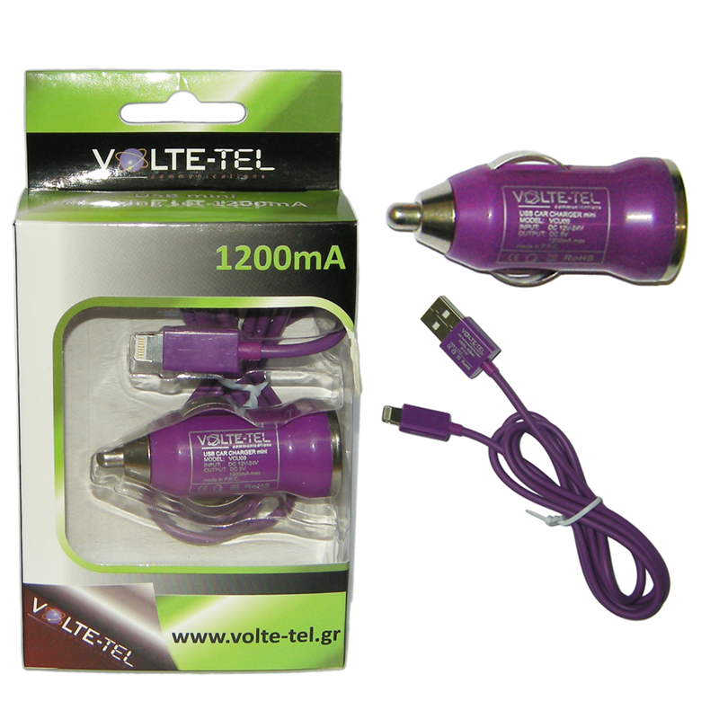 VOLTE-TEL LIGHTNING USB(ΦΟΡΤΙΣΗΣ-DATA VCD01+ΦΟΡΤΙΣΤΗΣ ΑΥΤΟΚΙΝΗΤΟΥ VCU09 1200mA)PURPLE