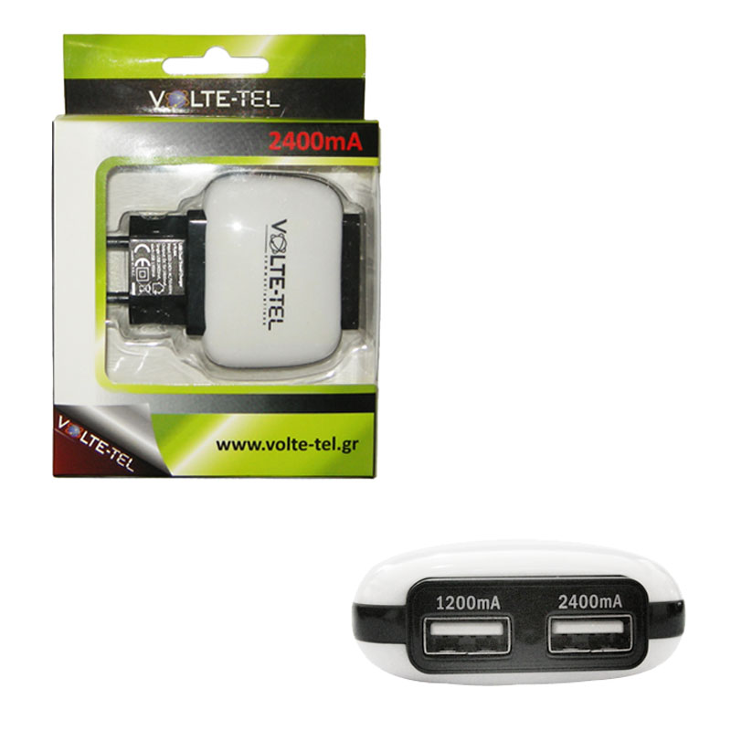 VOLTE-TEL USB DUAL TRAVEL CHARGER VTU64 2400mA WHITE-BLACK