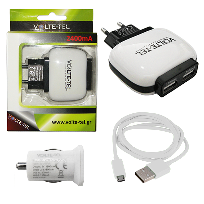 VOLTE-TEL MICRO USB(USB DATA VCD01+TRAVEL VTU64 2400mA+Φ.Α VCU33)WHITE