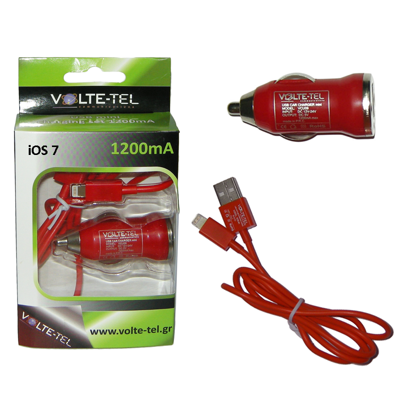 VOLTE-TEL LIGHTNING USB(ΦΟΡΤΙΣΗΣ-DATA VCD01+ΦΟΡΤΙΣΤΗΣ ΑΥΤΟΚΙΝΗΤΟΥ VCU09 1200mA)RED iOS7