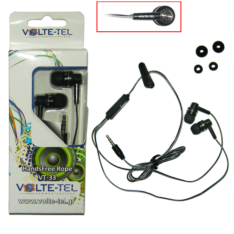 HANDS FREE UNIVERSAL 3.5mm ROPE BLACK VOLTE-TEL VT33 STEREO ON/OFF
