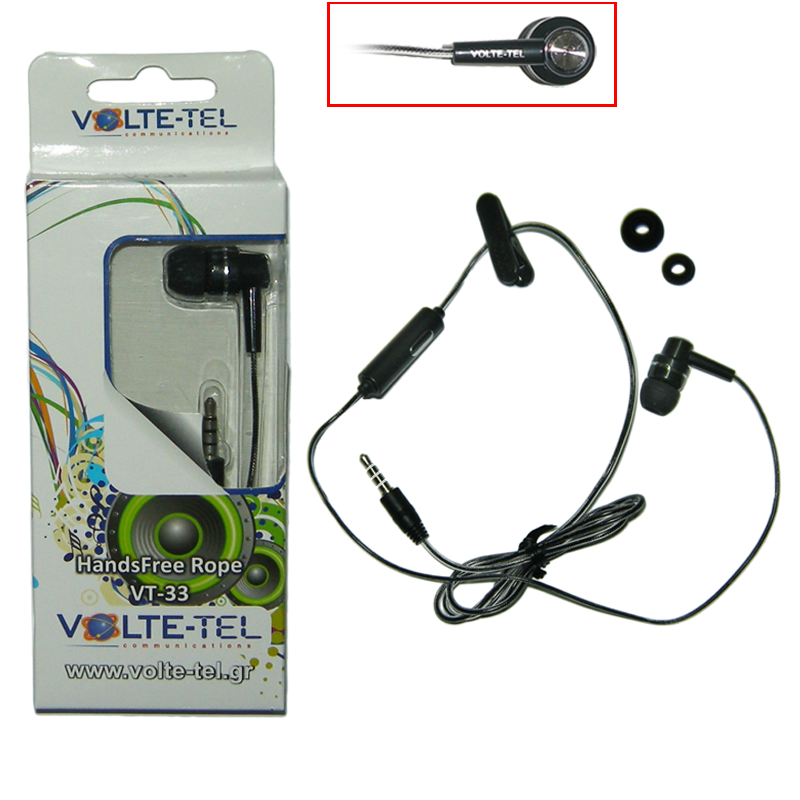 HANDS FREE UNIVERSAL 3.5mm ROPE BLACK VOLTE-TEL VT33 ON/OFF