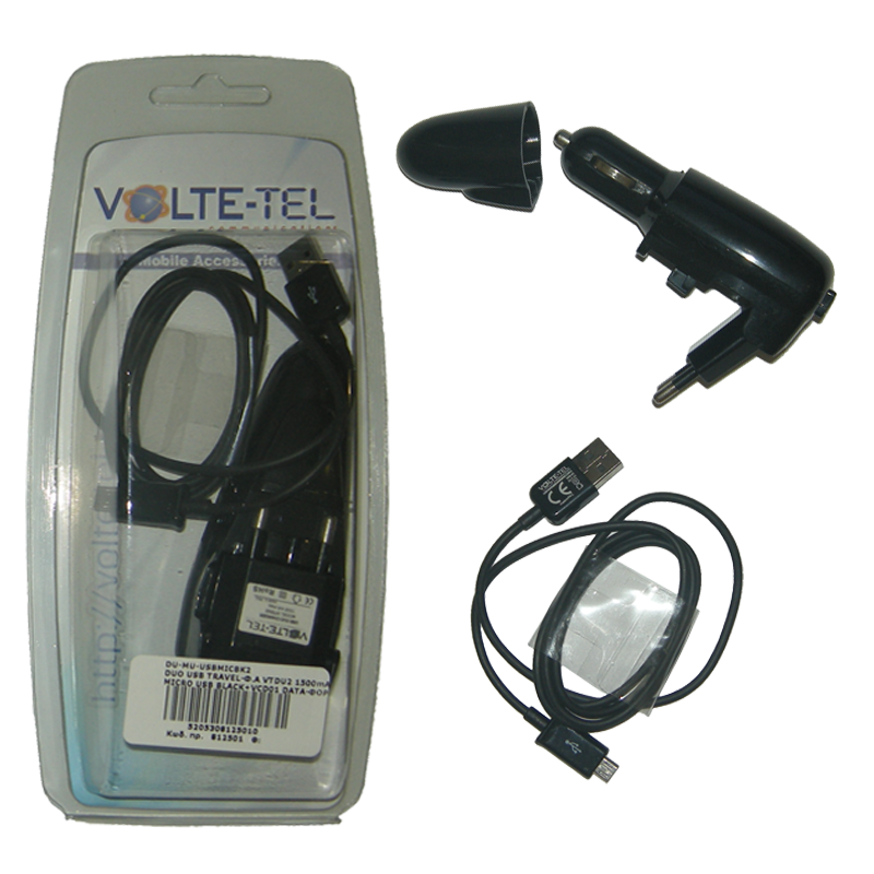 VOLTE-TEL MICRO USB (USB DUO TRAVEL-ΦΟΡΤΙΣΤΗΣ ΑΥΤΟΚΙΝΗΤΟΥ VTDU2 1500mA+VCD01 ΦΟΡΤΙΣΗΣ-DATA) BLACK