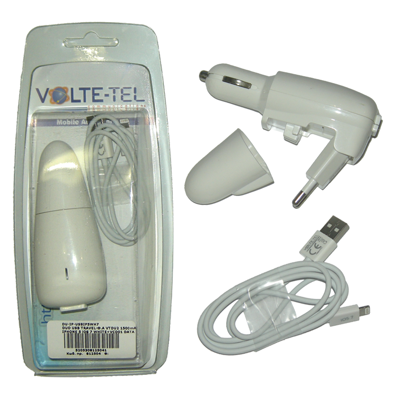 VOLTE-TEL LIGHTNING IPHONE 5 (USB DUO TRAVEL-ΦΟΡΤΙΣΤΗΣ ΑΥΤΟΚΙΝΗΤΟΥ VTDU2 1500mA+VCD01 DATA) iOS 8 WHITE