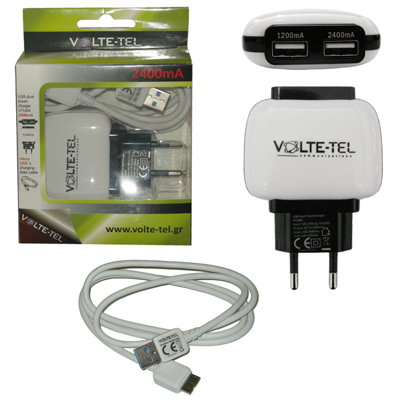 VOLTE-TEL SAMSUNG NOTE3/G900 S5 USB DATA VCD01+TRAVEL VTU64 2400mA WHITE