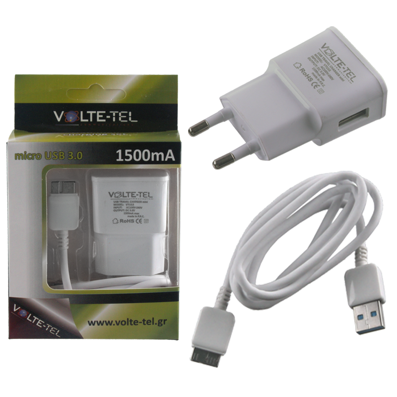 VOLTE-TEL Micro USB 3 NOTE 3(ΦΟΡΤΙΣΗΣ-DATA VCD01 USB 3.0+TRAVEL VTU15 1500mA) WHITE