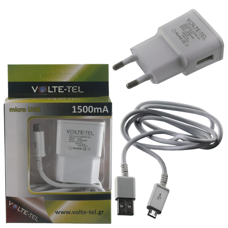 VOLTE-TEL MICRO USB(ΦΟΡΤΙΣΗΣ-DATA VCD01+TRAVEL VTU15 1500mA) WHITE