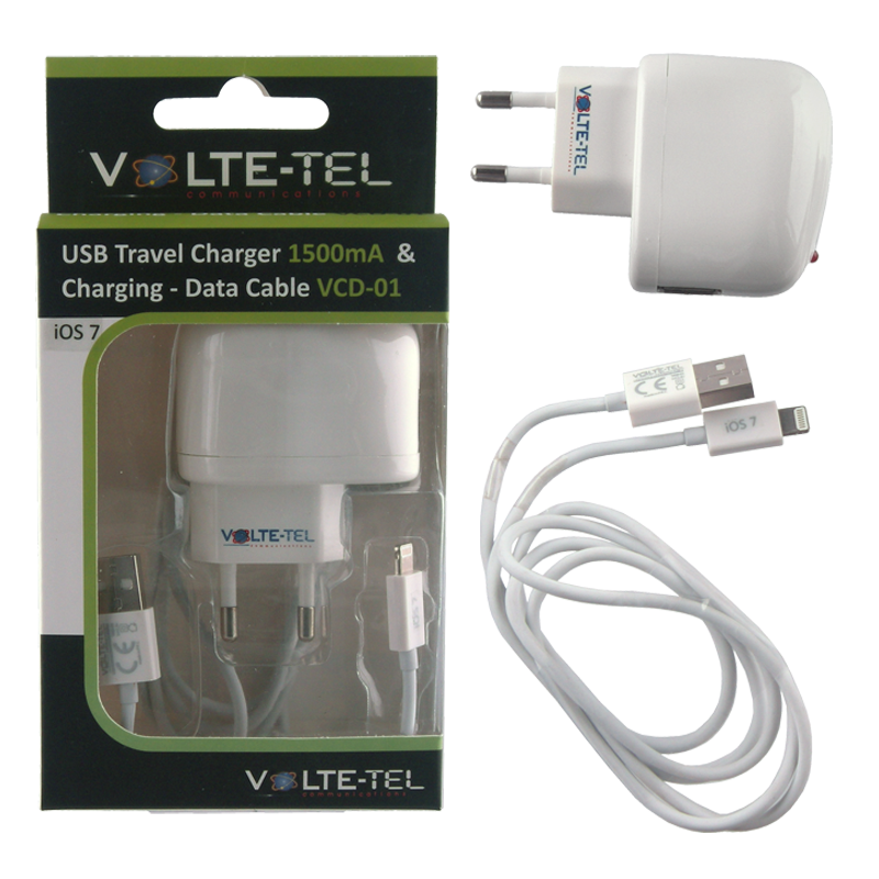 VOLTE-TEL LIGHTNING USB(ΦΟΡΤΙΣ.-DATA VCD01+TRAVEL VTU045 1500mA)iOS9 WHITE