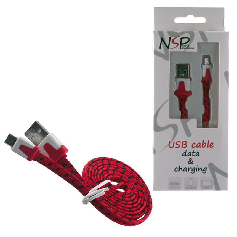 NSP MICRO USB FLAT BRAIDED 6mm USB 2.1A ΦΟΡΤ.-DATA 1m RED