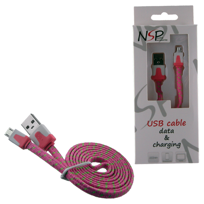 NSP MICRO USB FLAT BRAIDED 6mm USB 2.1A ΦΟΡΤ.-DATA 1m PINK