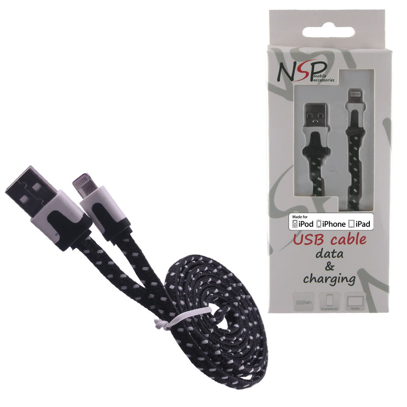 NSP LIGHTNING FLAT BRAIDED 6mm USB 2.1A ΦΟΡΤ-DATA 1m BLACK iOS11
