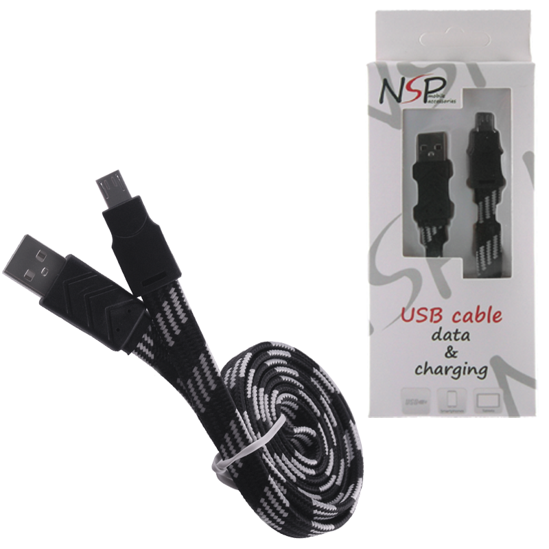 NSP MICRO USB FLAT BRAIDED 10mm USB 2.1A ΦΟΡΤ.-DATA 1m BLACK