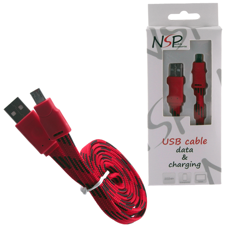NSP MICRO USB FLAT BRAIDED 10mm USB 2.1A ΦΟΡΤ.-DATA 1m RED