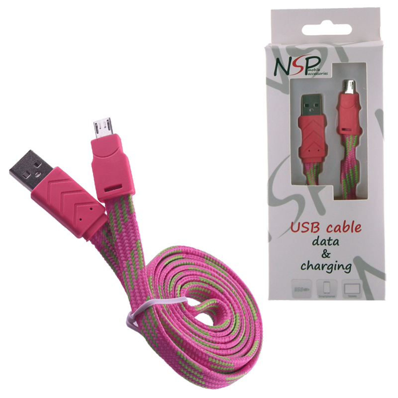 NSP MICRO USB FLAT BRAIDED 10mm USB 2.1A ΦΟΡΤ.-DATA 1m PINK