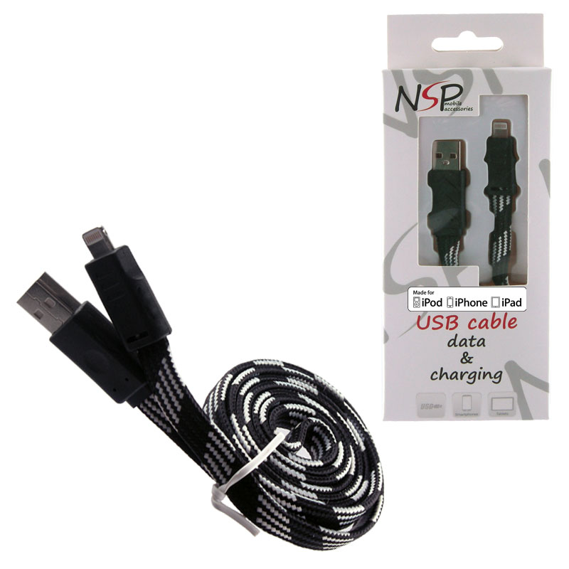 NSP LIGHTNING FLAT BRAIDED 10mm USB 2.1A ΦΟΡ-DATA 1m BLACK iOS11