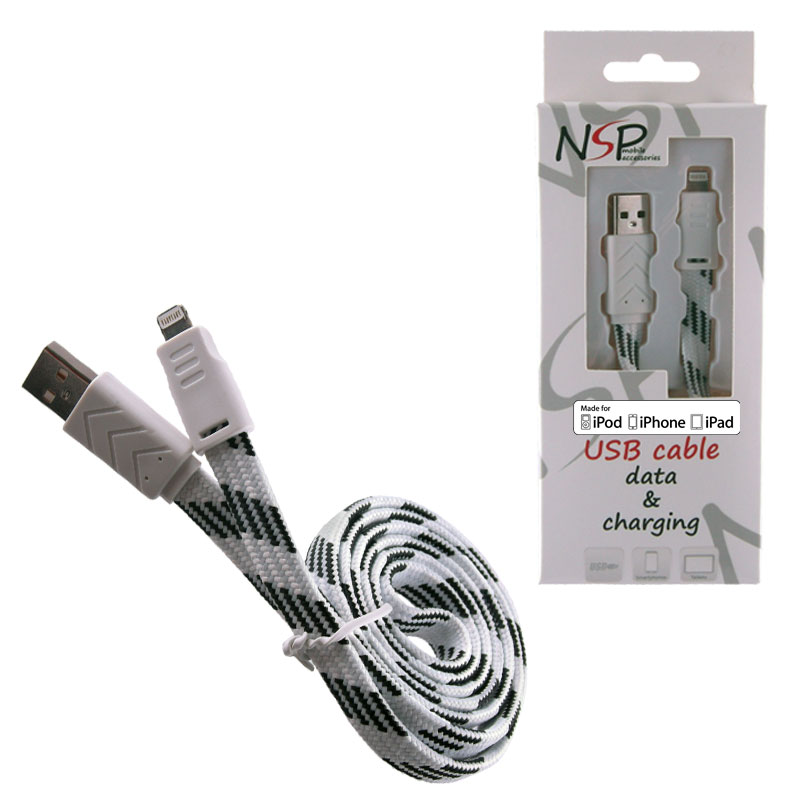 NSP LIGHTNING FLAT BRAIDED 10mm USB 2.1A ΦΟΡ-DATA 1m WHITE iOS11