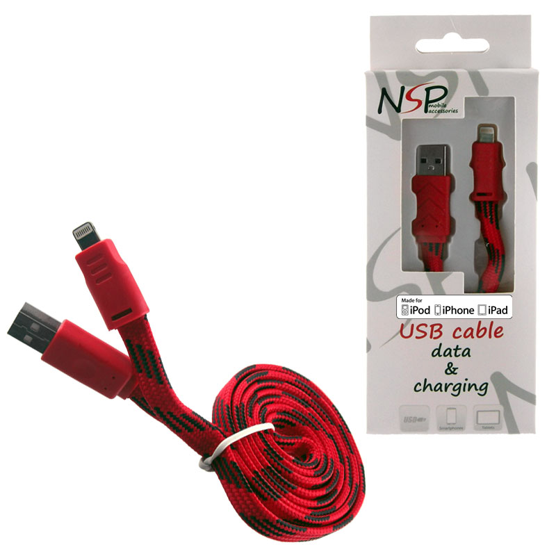 NSP LIGHTNING FLAT BRAIDED 10mm USB 2.1A ΦΟΡΤ.-DATA 1m RED iOS10