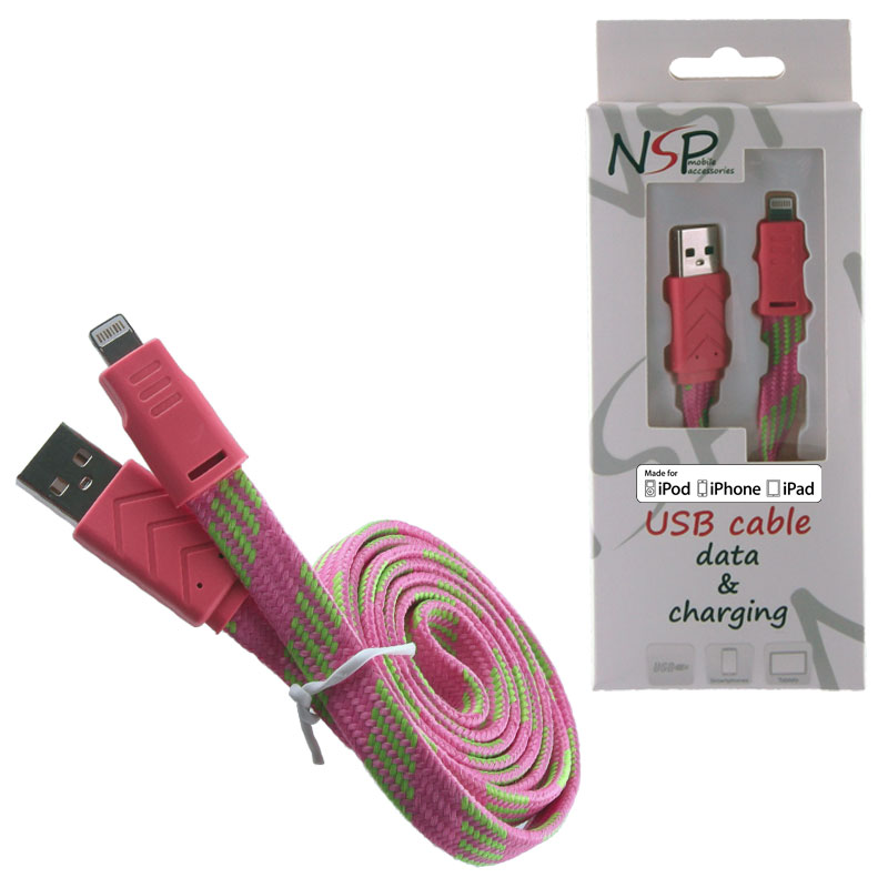 NSP LIGHTNING FLAT BRAIDED 10mm USB 2.1A ΦΟΡΤ-DATA 1m PINK iOS11