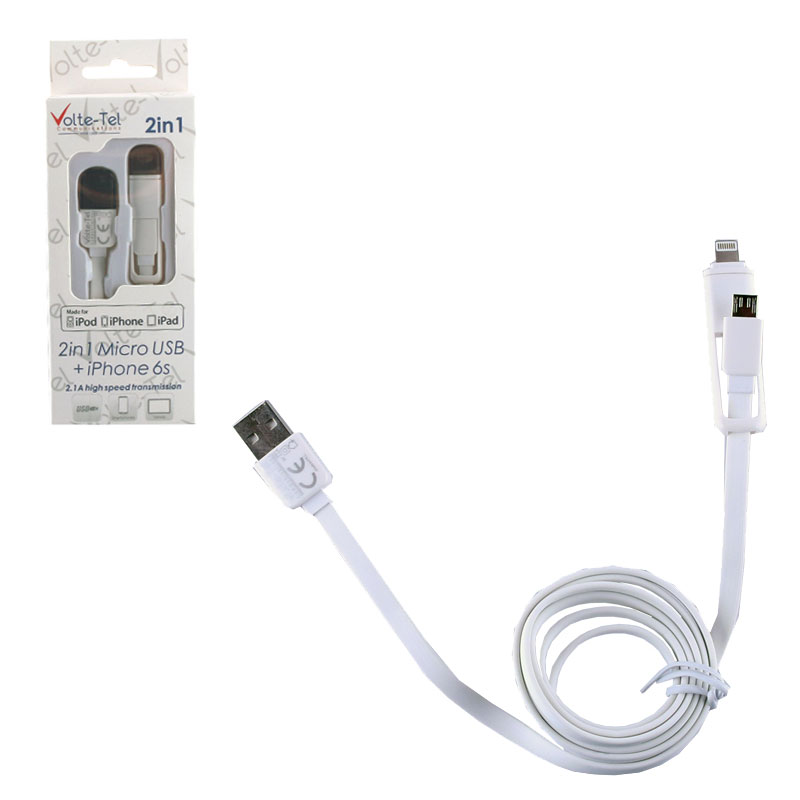 VOLTE-TEL USB 2in1 FLAT 2.1A ΦΟΡΤ-DATA 1m MICRO USB+LIGHTNING WHITE
