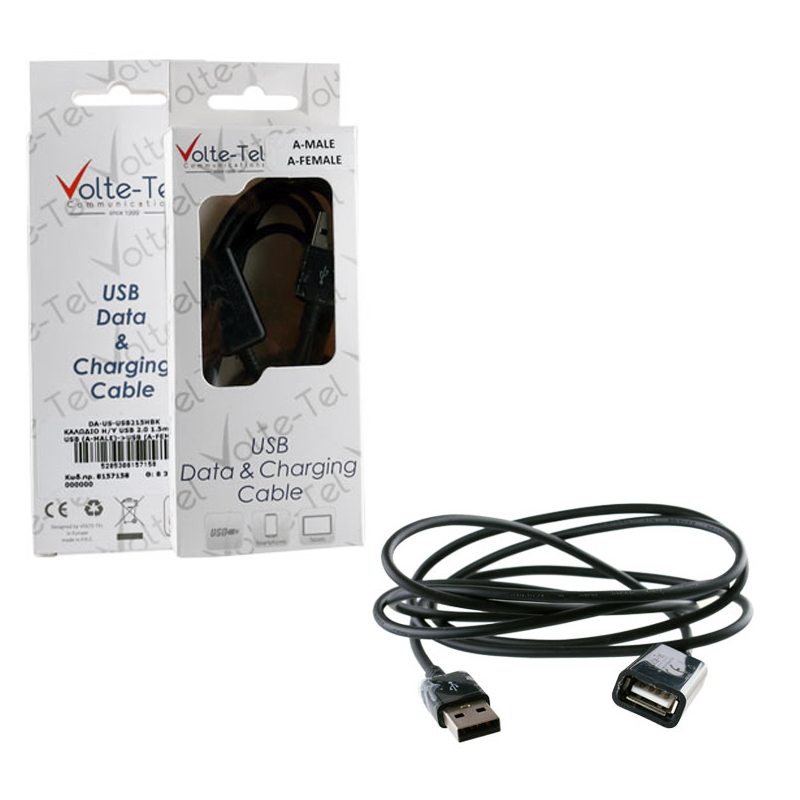 VOLTE-TEL ΚΑΛΩΔΙΟ Η/Υ USB (A-MALE)->USB (A-FEMALE)USB2.0 2.1A 1.5m BLACK