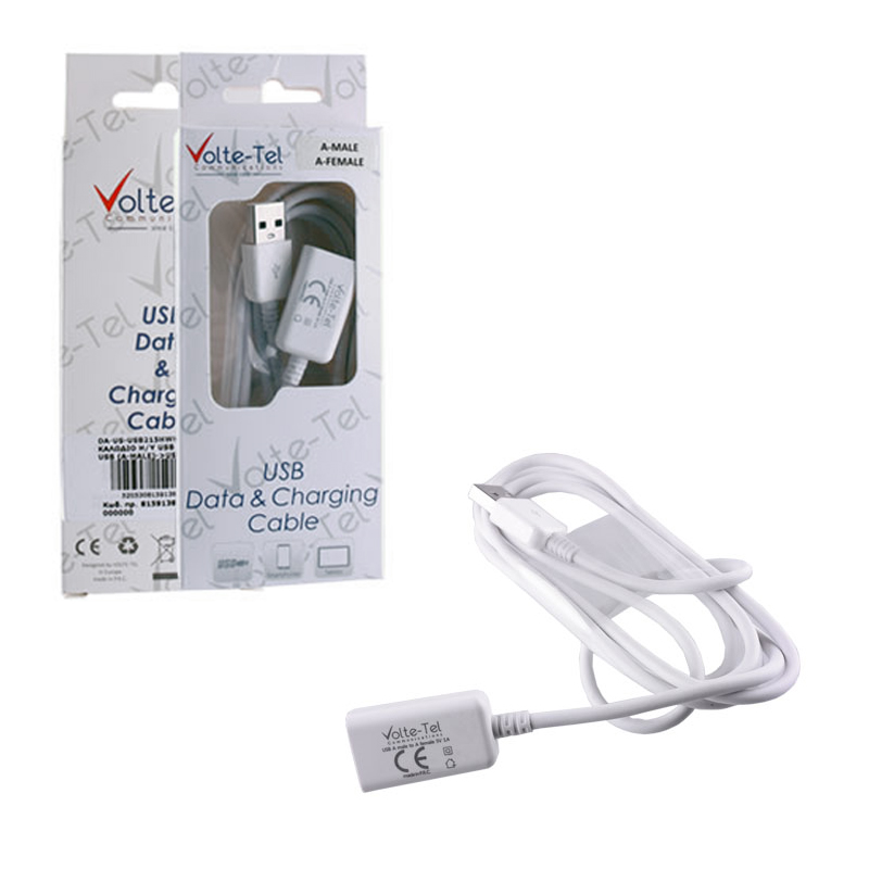 VOLTE-TEL ΚΑΛΩΔΙΟ Η/Υ USB (A-MALE)->USB (A-FEMALE)USB2.0 2.1A 1.5m WHITE