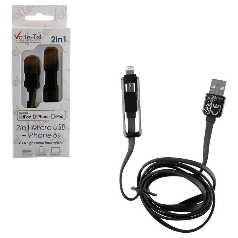 VOLTE-TEL USB 2in1 FLAT 2.1A ΦΟΡΤ-DATA 1m MICRO USB+LIGHTNING BLACK