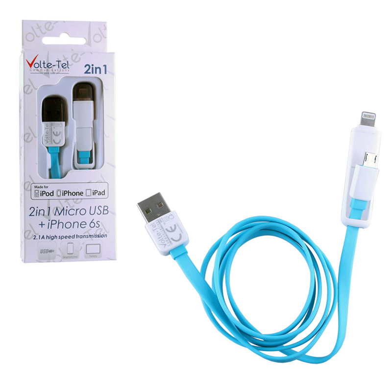 VOLTE-TEL USB 2in1 FLAT 2.1A ΦΟΡΤ-DATA 1m MICRO USB+LIGHTNING BLUE