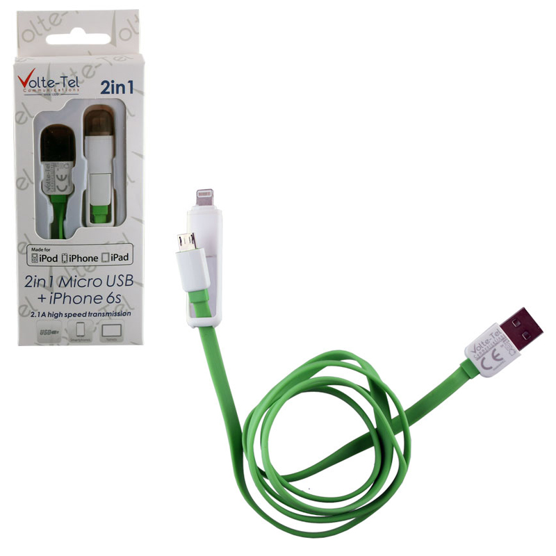 VOLTE-TEL USB 2in1 FLAT 2.1A ΦΟΡΤ-DATA 1m MICRO USB+LIGHTNING GREEN
