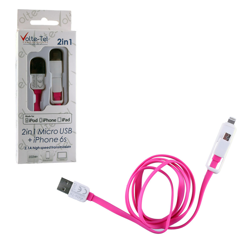 VOLTE-TEL USB 2in1 FLAT 2.1A ΦΟΡΤ-DATA 1m MICRO USB+LIGHTNING PINK